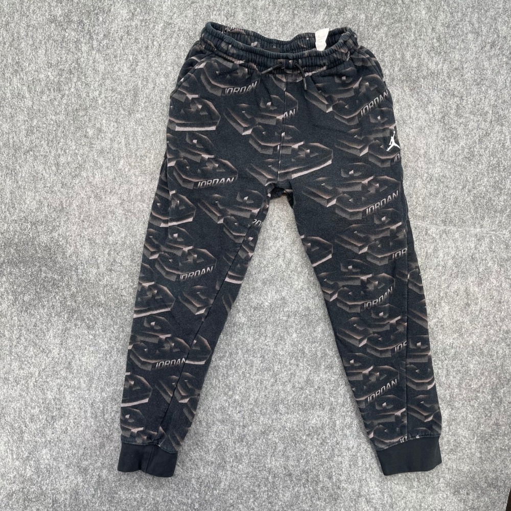 Jordan Sweatpants Boys L 12-13Y Black Grey Logo Print Fleece Joggers